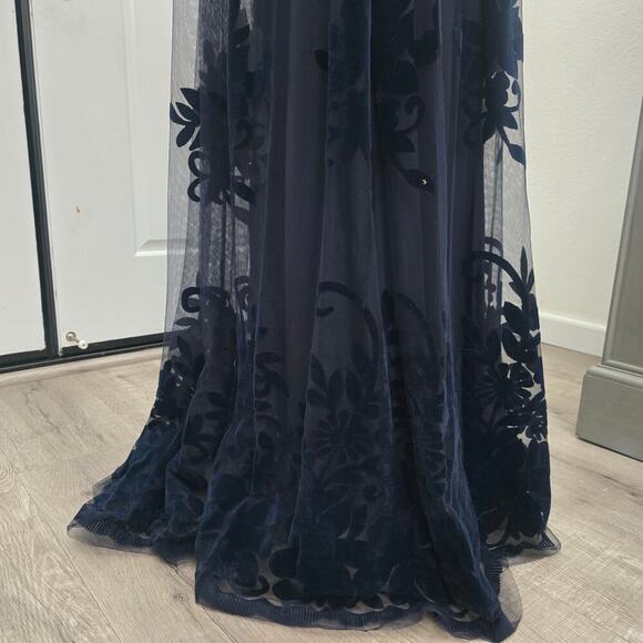 Women’s Navy Mesh Floral Burnout Cocktail Maxi Dress M Romantic Elegant Evening - Picture 5 of 13